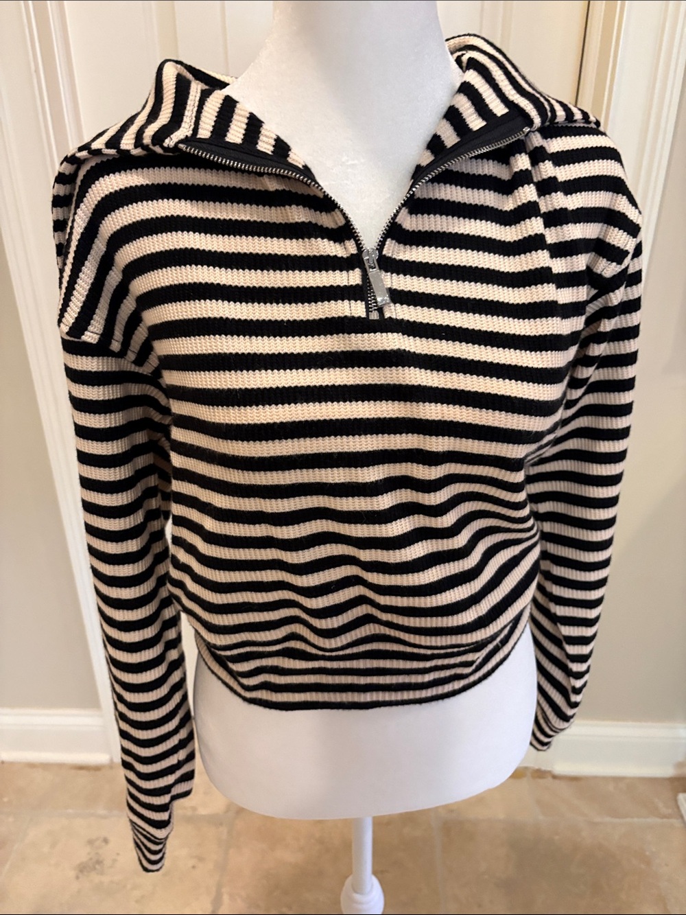 Madewell Black & Cream Striped Half-Zip Sweater